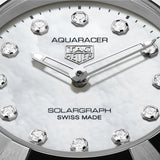 TAG Heuer Aquaracer Professional 100 Solargraph WBP141H.BA0049 steel watch with white mother-of-pearl diamond dial and solar-powered quartz movement.