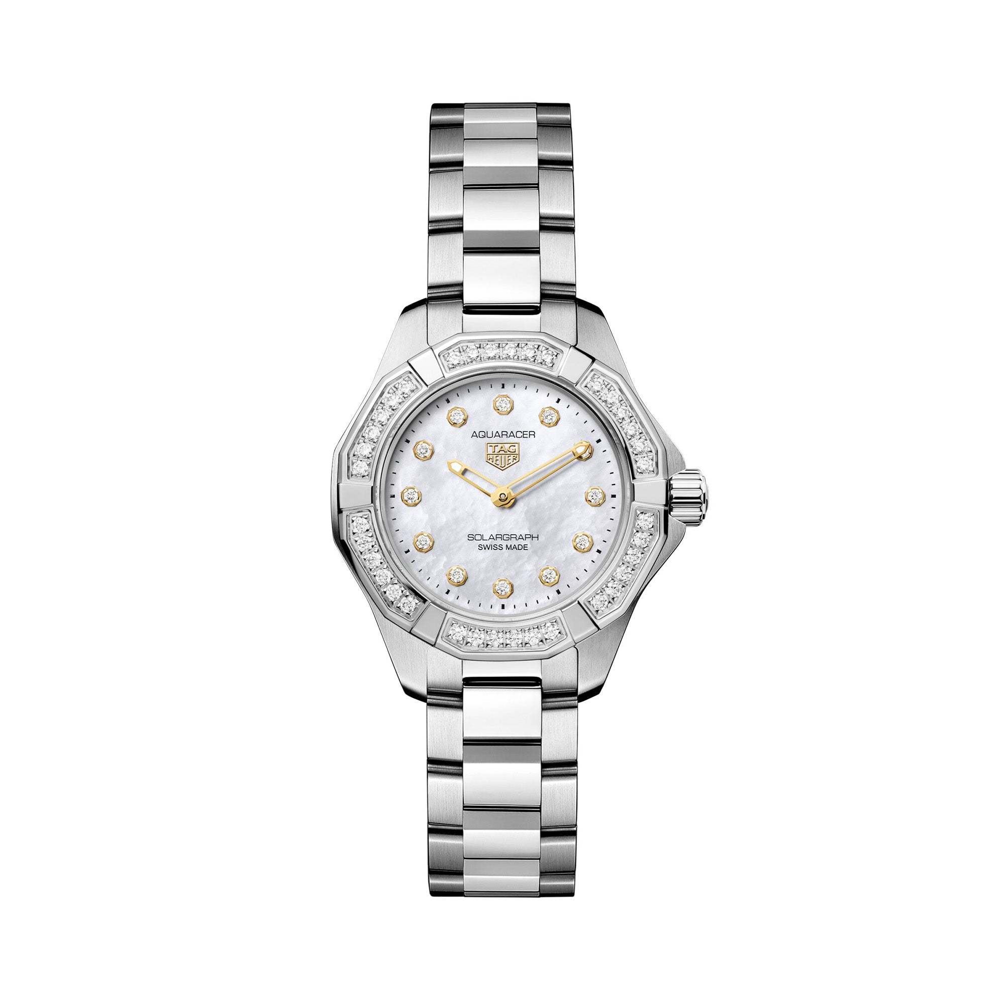 TAG Heuer Aquaracer Professional 100 Solargraph WBP141J.BA0049 steel watch with diamond-set bezel, white mother-of-pearl dial, and solar-powered quartz movement.
