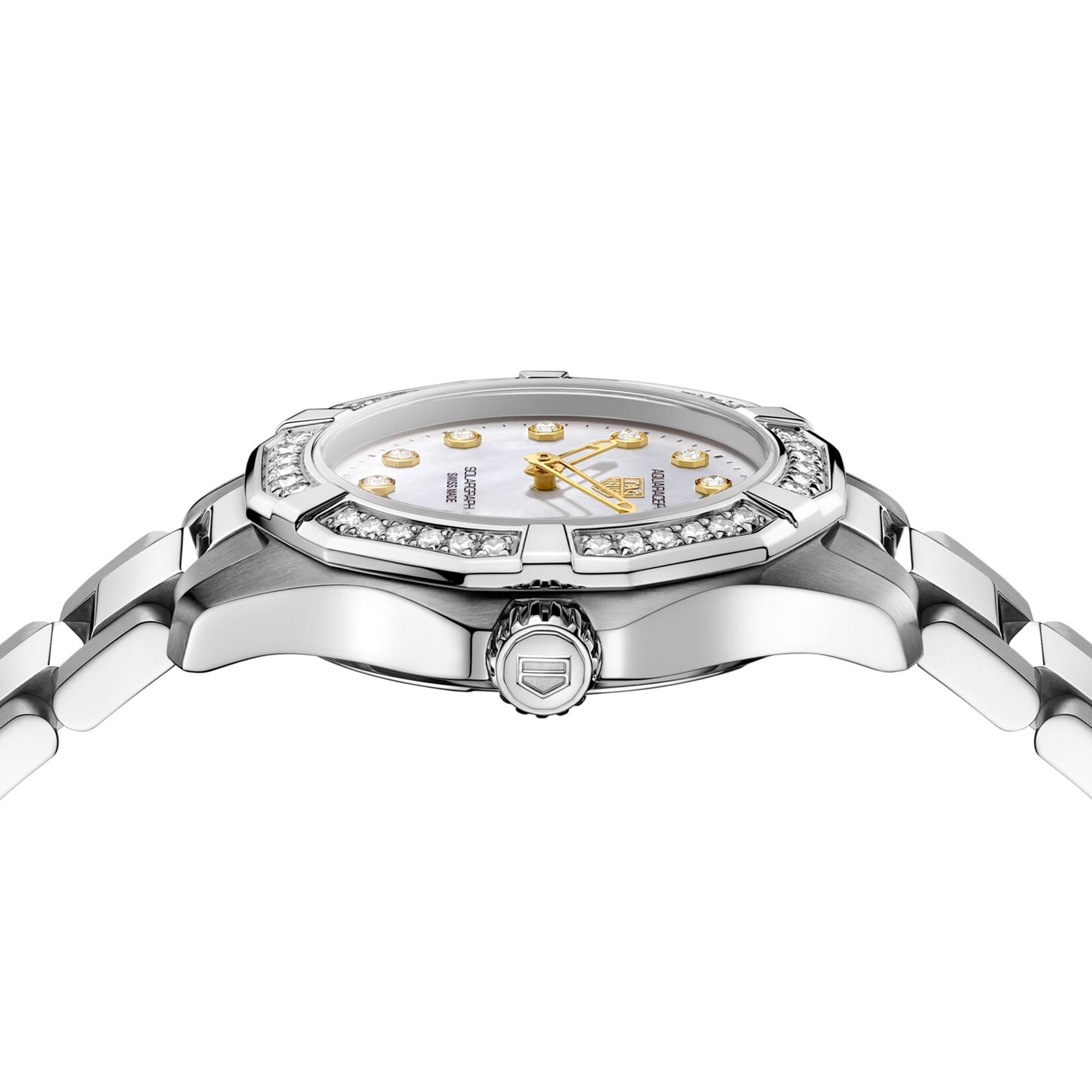TAG Heuer Aquaracer Professional 100 Solargraph WBP141J.BA0049 steel watch with diamond-set bezel, white mother-of-pearl dial, and solar-powered quartz movement.
