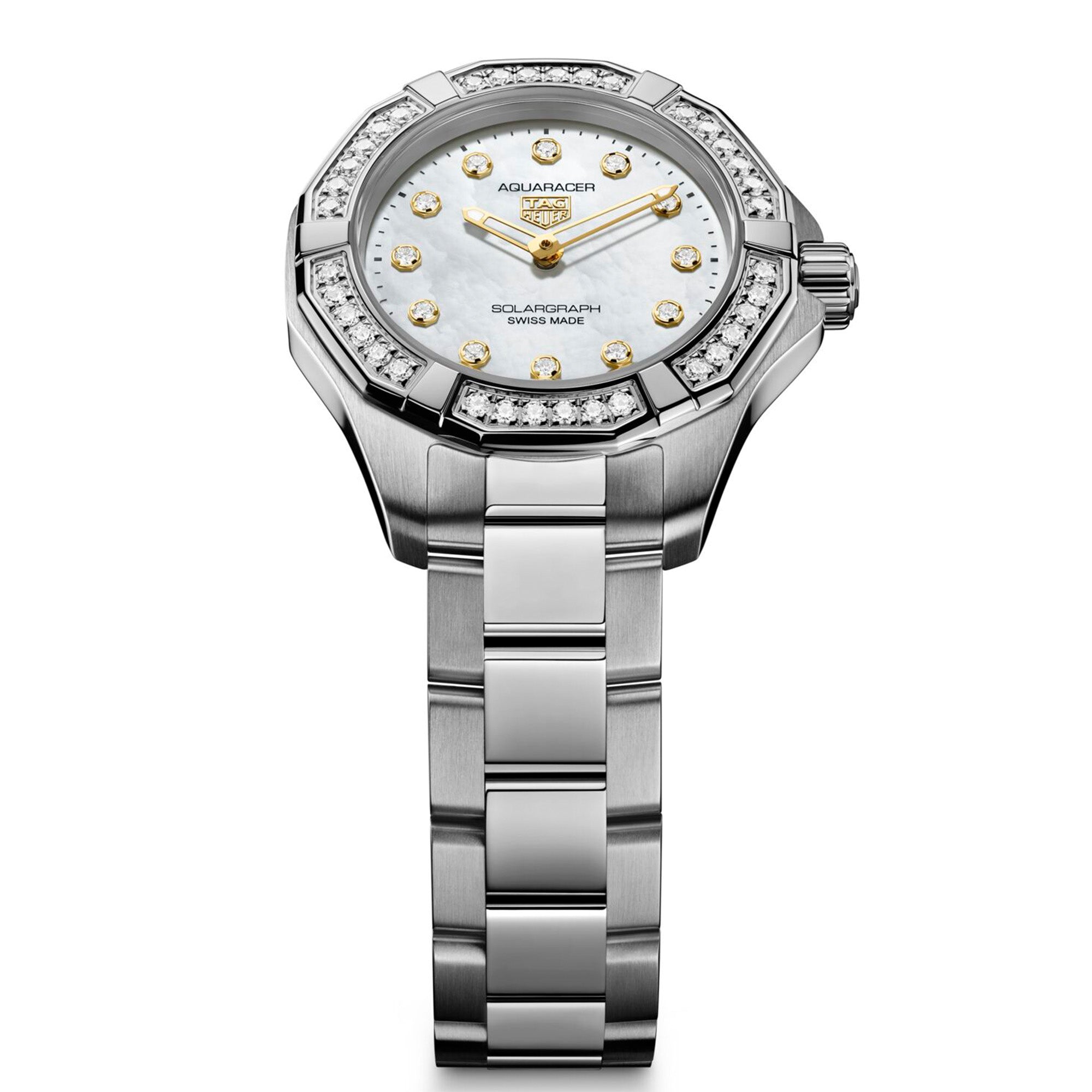 TAG Heuer Aquaracer Professional 100 Solargraph WBP141J.BA0049 steel watch with diamond-set bezel, white mother-of-pearl dial, and solar-powered quartz movement.