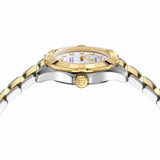 TAG Heuer Aquaracer Professional 100 Solargraph WBP1420.BB0006 photographed from a side profile, showing the case thickness and gold-plated crown. The two-tone bracelet and diamond-set bezel are visible together in frame.