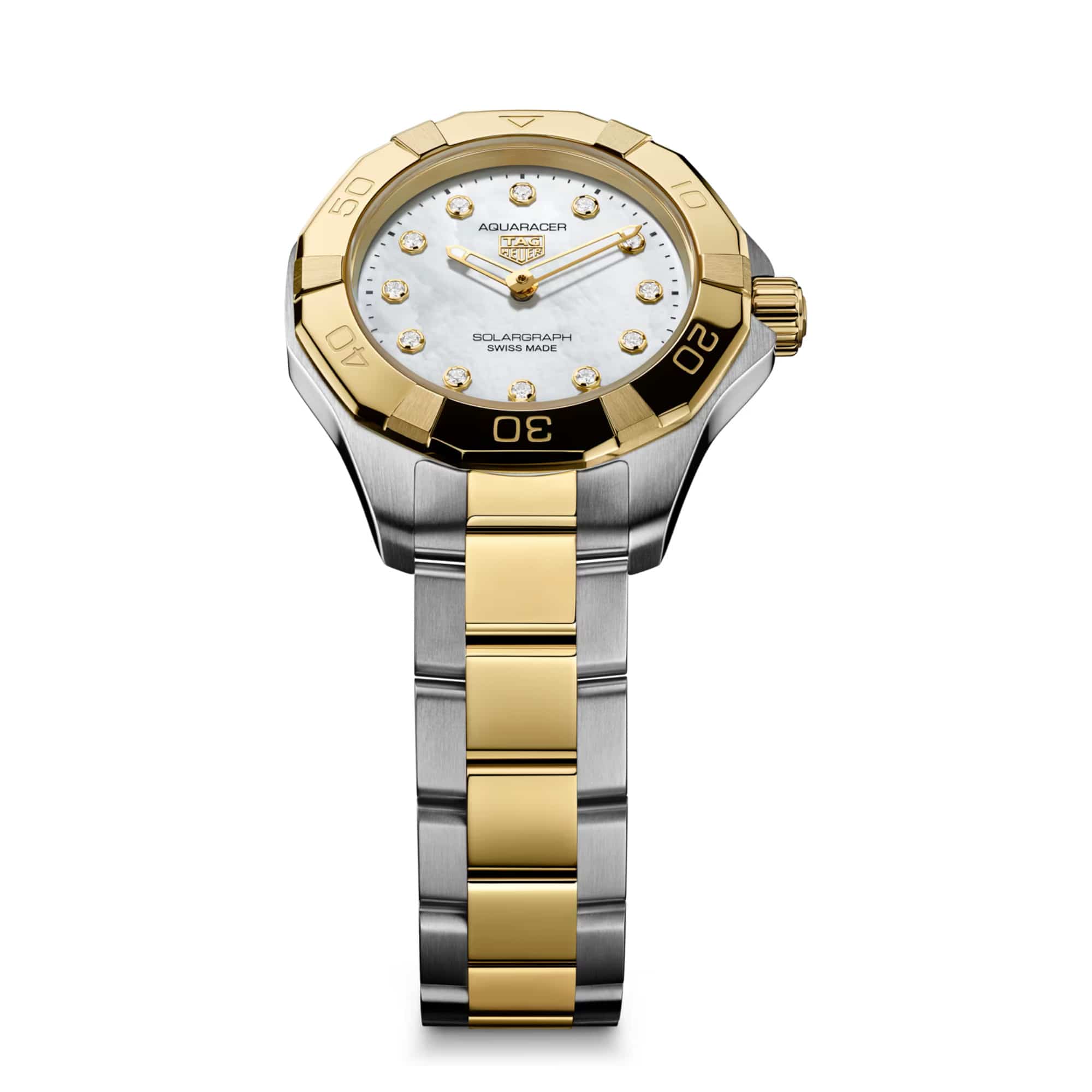 TAG Heuer Aquaracer Professional 100 Solargraph WBP1420.BB0006 photographed at an angle highlighting the mother-of-pearl dial's diamond hour markers and diamond-set bezel. The two-tone bracelet curves away from the lugs, showing its link construction.