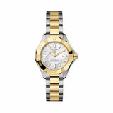 TAG Heuer Aquaracer Professional 100 Solargraph WBP1423.BB0006 shown face-on with its mother-of-pearl dial and gold-plated bezel fully visible. The two-tone bracelet is displayed straight down, showing its fine-brushed and polished link pattern.