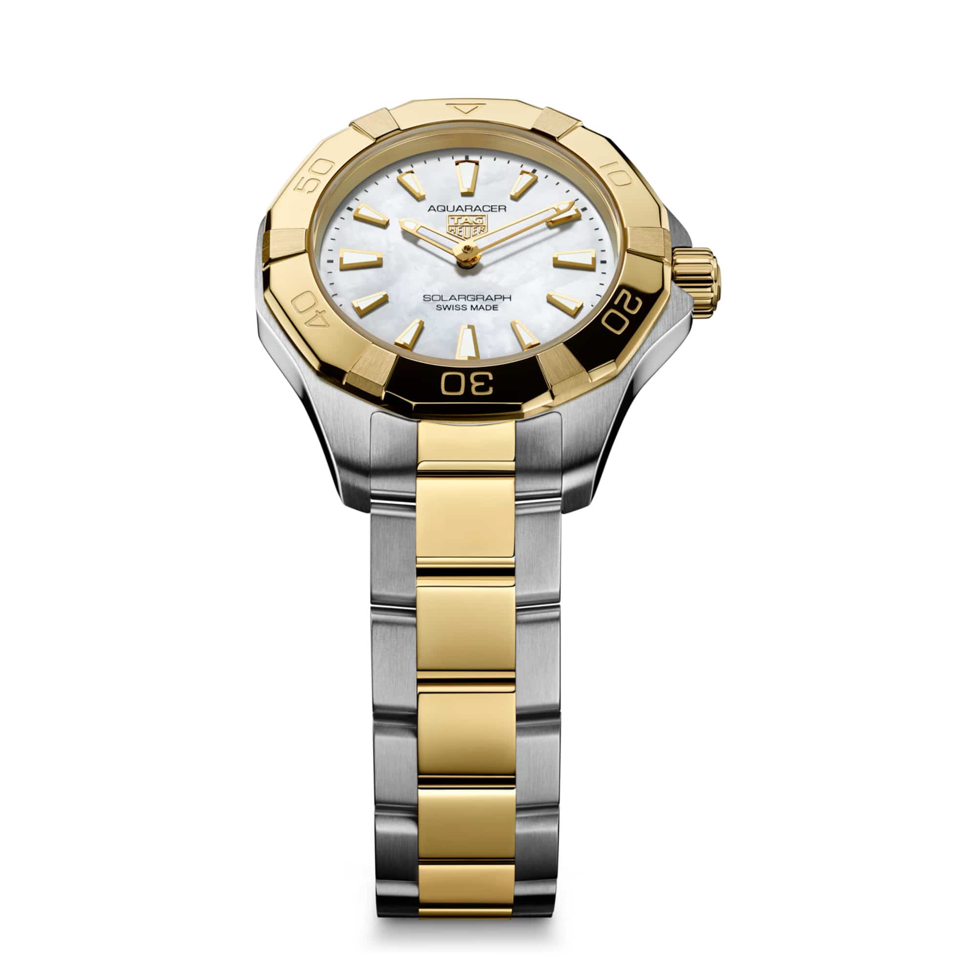 TAG Heuer Aquaracer Professional 100 Solargraph WBP1423.BB0006 photographed at an angle highlighting the mother-of-pearl dial's applied gold-plated indexes and fixed bezel. The two-tone bracelet curves away from the lugs, showing its link construction.