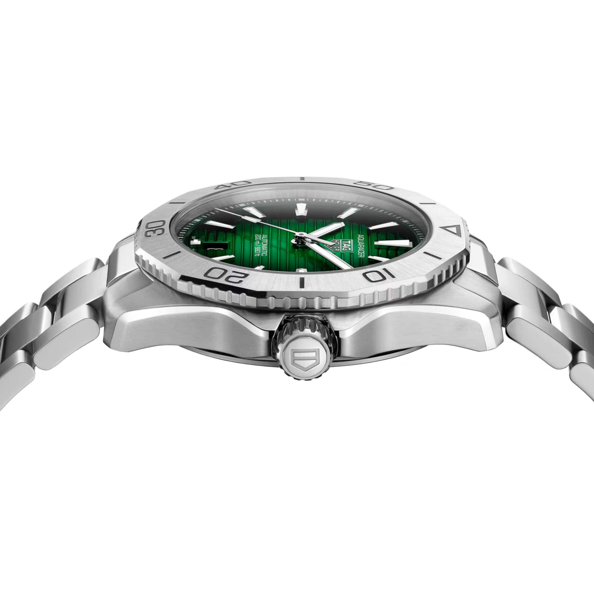 TAG Heuer Aquaracer Professional 200 Date WBP2115.BA0627 photographed from a side profile, showing the case thickness and screw-down crown. The steel bracelet and bezel are visible together in frame.