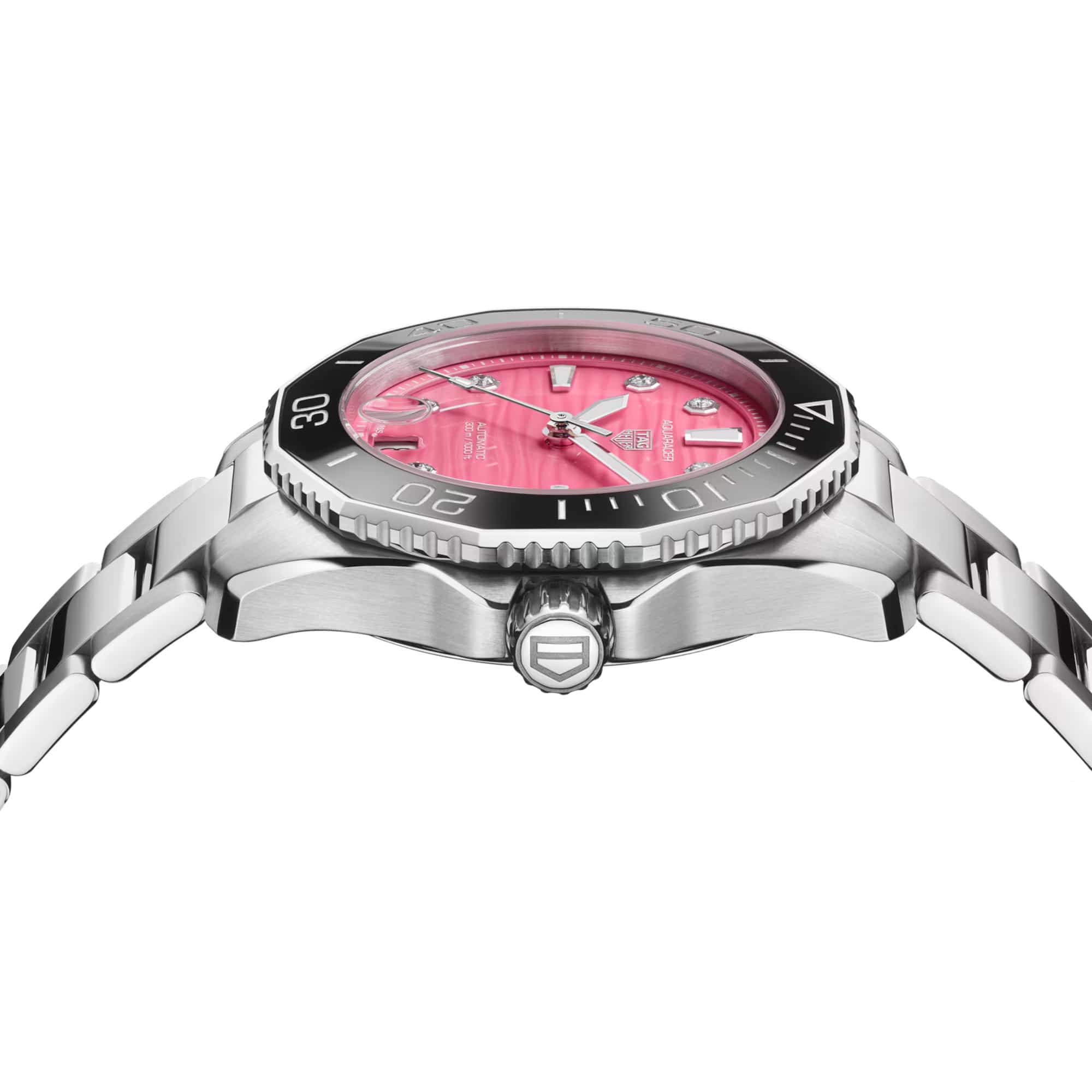 TAG Heuer Aquaracer Professional 300 Date WBP231J.BA0618 photographed from a side profile, showing the case thickness and screw-down crown. The steel bracelet and bezel are visible together in frame.