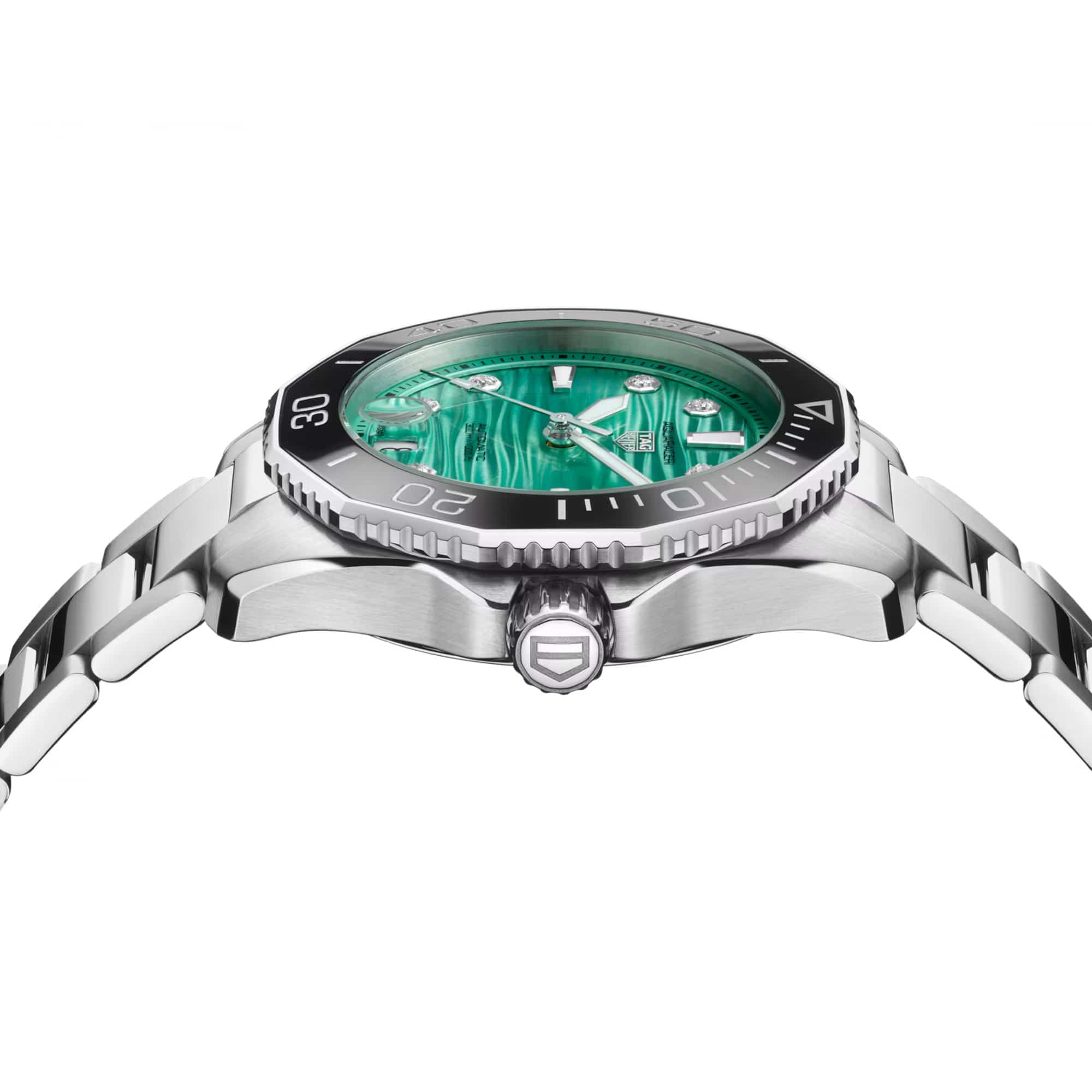 TAG Heuer Aquaracer Professional 300 Date WBP231K.BA0618 photographed from a side profile, showing the case thickness and screw-down crown. The steel bracelet and bezel are visible together in frame.
