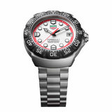 TAG Heuer Formula 1 Solargraph WBY1111.BA0042 photographed at an angle highlighting the white dial's red minute track and black TH-Polylight bezel. The steel bracelet curves away from the lugs, showing its link construction.
