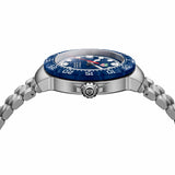 TAG Heuer Formula 1 Solargraph WBY1112.BA0042 photographed from a side profile, showing the case thickness and push-pull crown. The steel bracelet and blue bezel are visible together in frame.