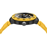 TAG Heuer Formula 1 Solargraph WBY1117.FT8087 photographed from a side profile, showing the case thickness and steel crown. The yellow rubber strap and TH-Polylight bezel are visible together in frame.