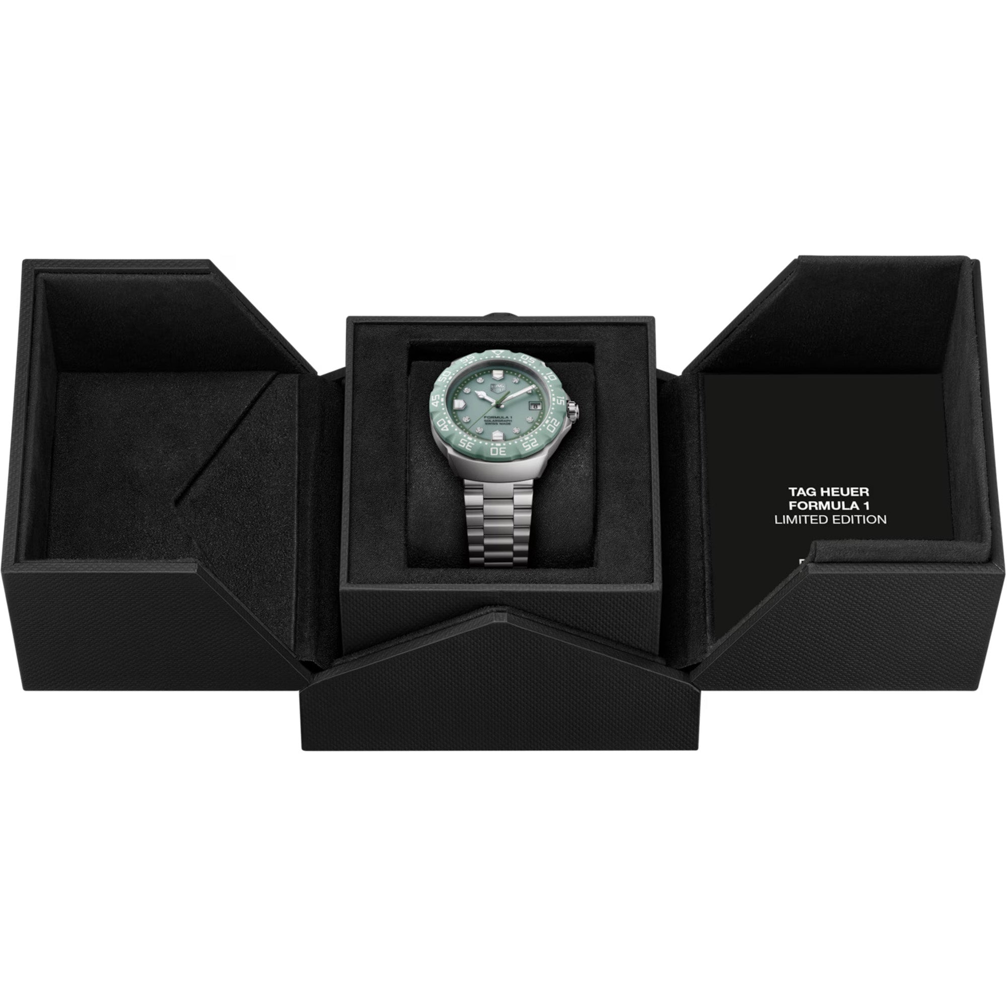 TAG Heuer WBY111B.BA0042 Formula 1 38mm sandblasted steel green diamond watch in watch box