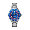 TAG Heuer Formula 1 Solargraph x Oracle Red Bull Racing WBY111F.BA0042 shown face-on with its blue opalin dial, red flange, and yellow central hand fully visible. The sand-blasted steel bracelet is displayed straight down, showing its link pattern.