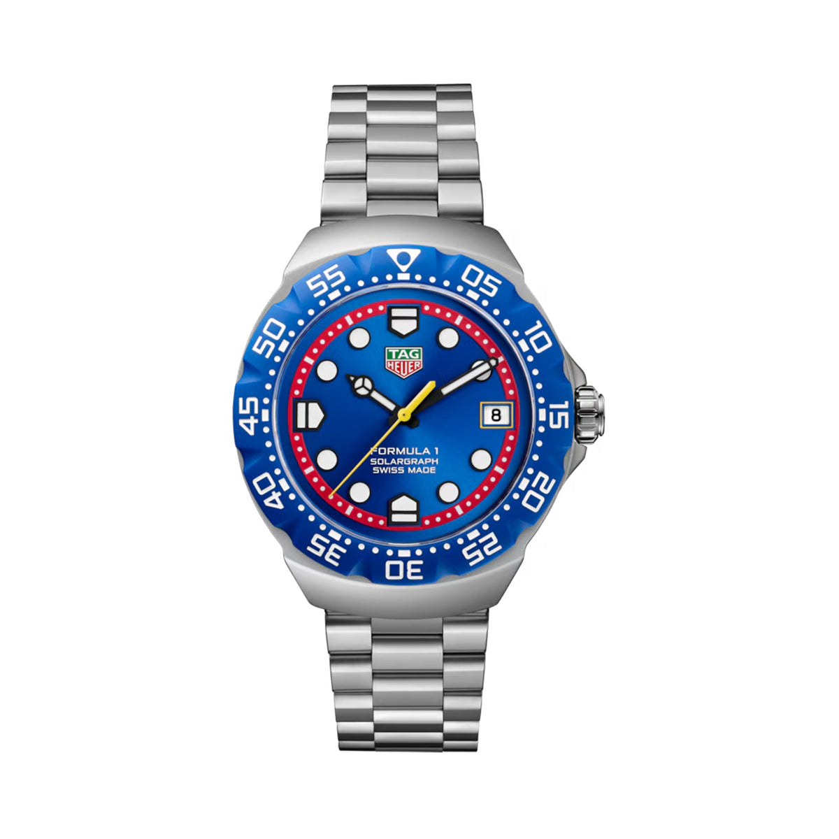 TAG Heuer Formula 1 Solargraph x Oracle Red Bull Racing WBY111F.BA0042 shown face-on with its blue opalin dial, red flange, and yellow central hand fully visible. The sand-blasted steel bracelet is displayed straight down, showing its link pattern.