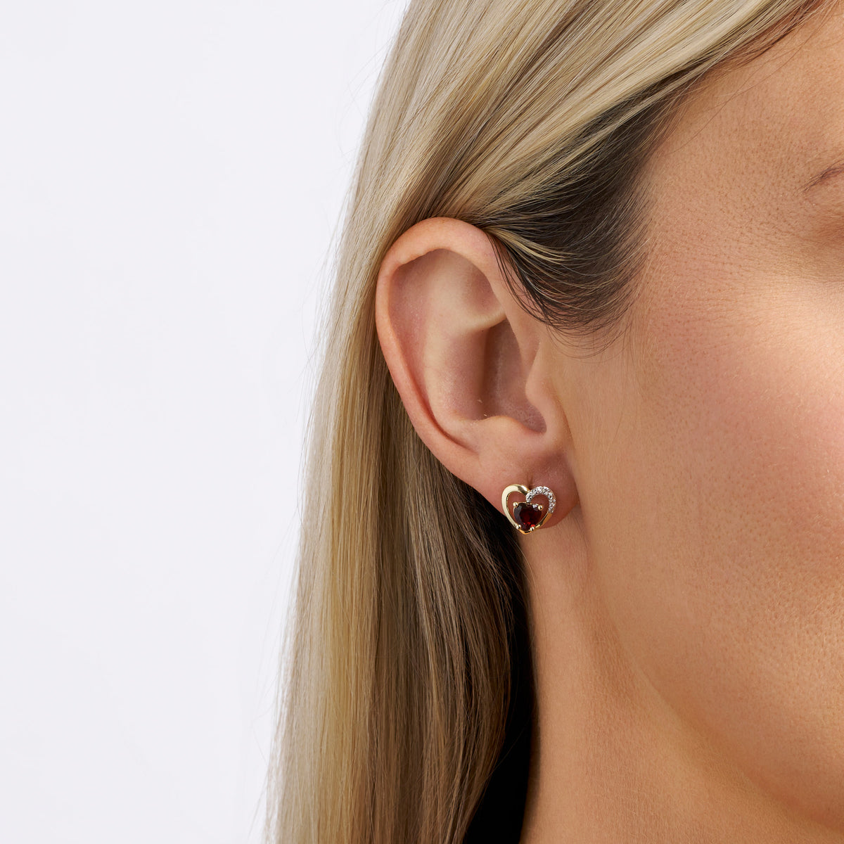 Created Ruby & Diamond Heart Stud Earrings in 9ct Yellow Gold