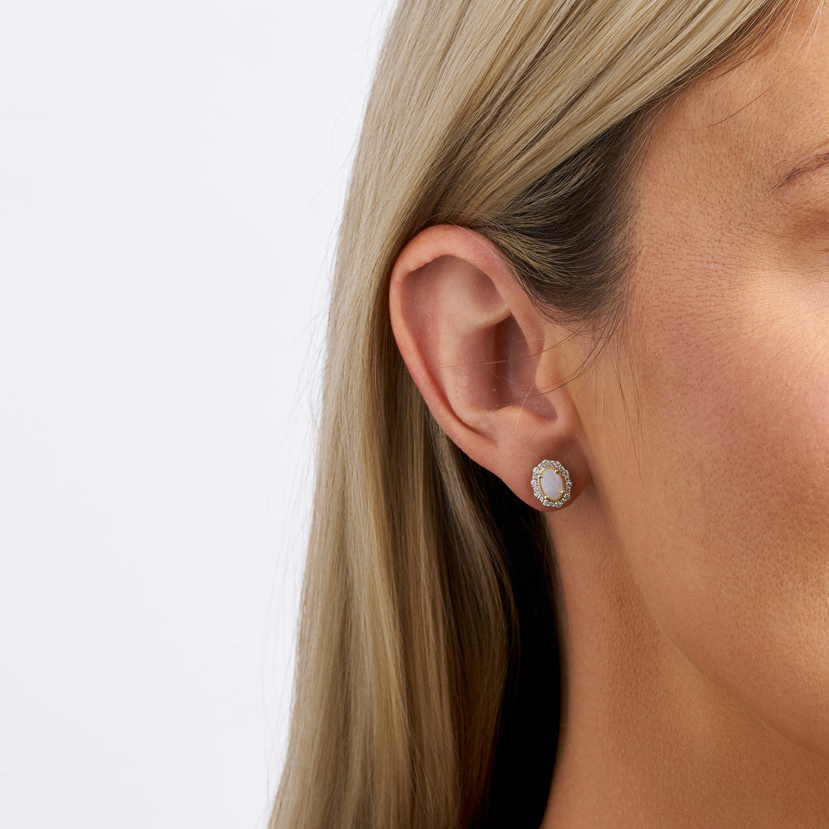Bluebird™ Solid White Opal & Diamond Stud Earrings in 9ct Yellow Gold