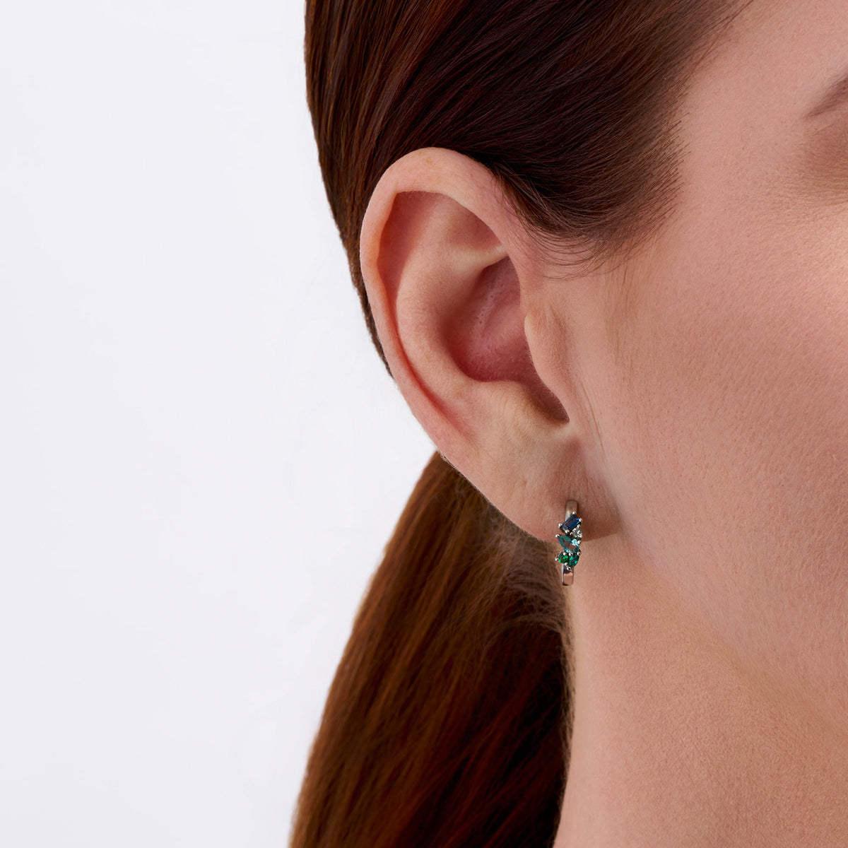 Cubic Zirconia Scattered Huggie Earrings in Sterling Silver Rhodium Plate