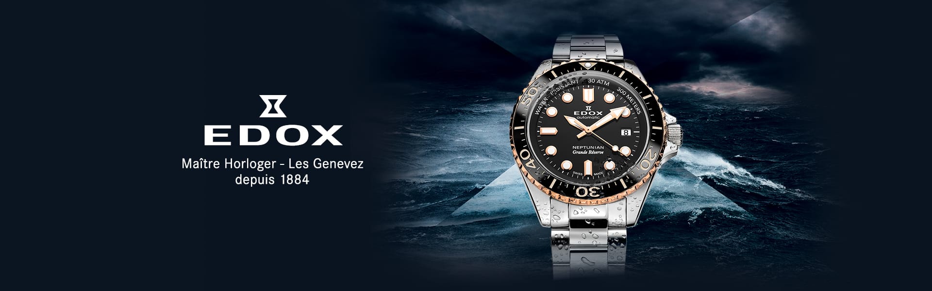 EDOX watch displayed on a dark background with the brand logo.
