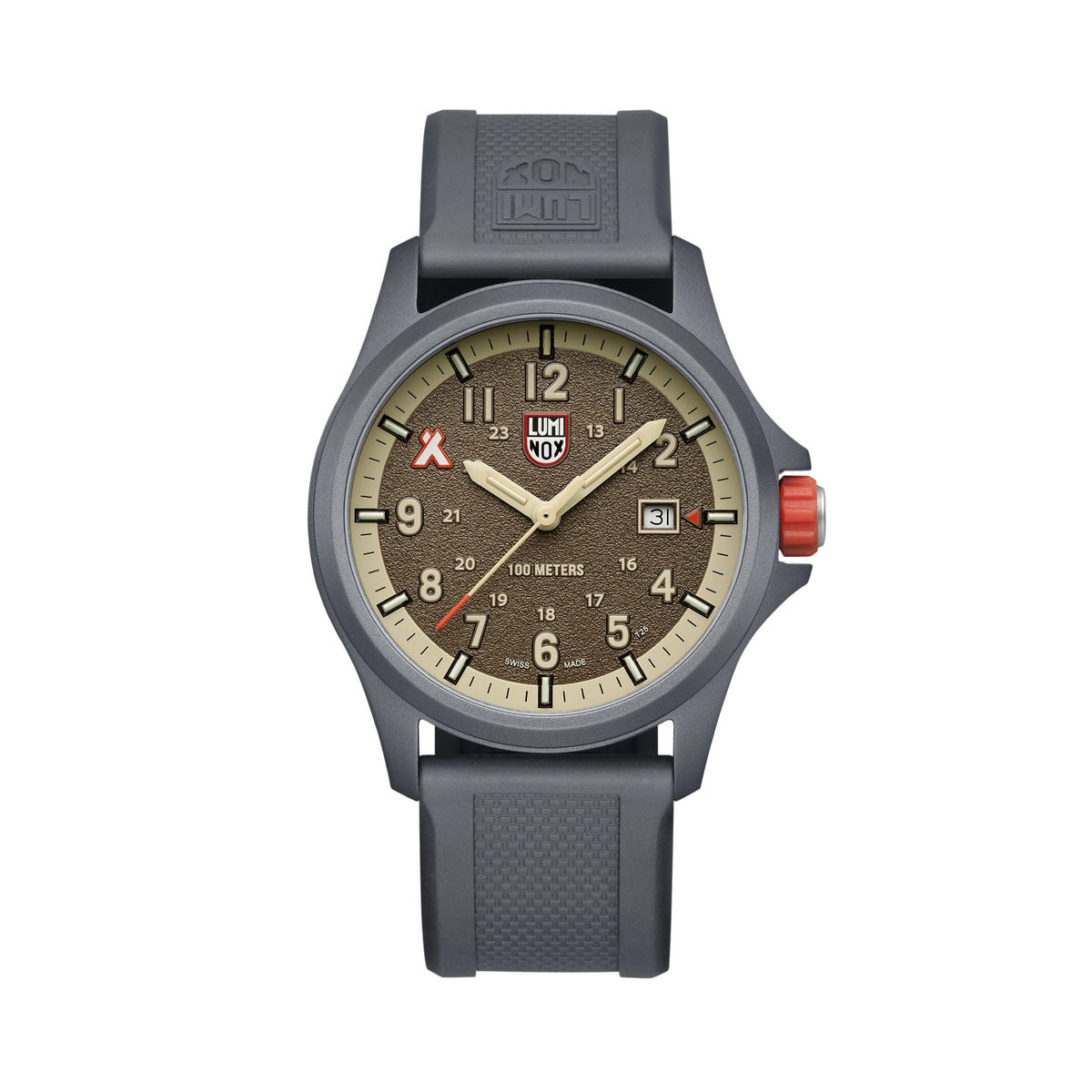 Front view of the Luminox Bear Grylls Survival Land Men's 43mm Quartz Watch XB.3716 with a sand-blasted sand-coloured dial and Bear Grylls logo at 10 o'clock. This Bear Grylls Survival Land 3710 Series watch features a lightweight ALUMI-NOX aluminium case, an orange crown and a black rubber strap.