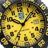 Front view of the Luminox Sea Lion Men's 44mm Carbonox Quartz Watch X2.2055.1 with a bright yellow dial and bold black numerals. This Luminox G Collection watch features a black CARBONOX™ case, a black rotating dive bezel and a black polyurethane strap.
