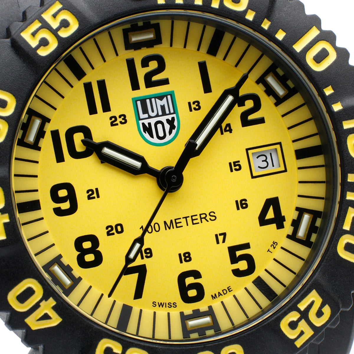 Front view of the Luminox Sea Lion Men's 44mm Carbonox Quartz Watch X2.2055.1 with a bright yellow dial and bold black numerals. This Luminox G Collection watch features a black CARBONOX™ case, a black rotating dive bezel and a black polyurethane strap.