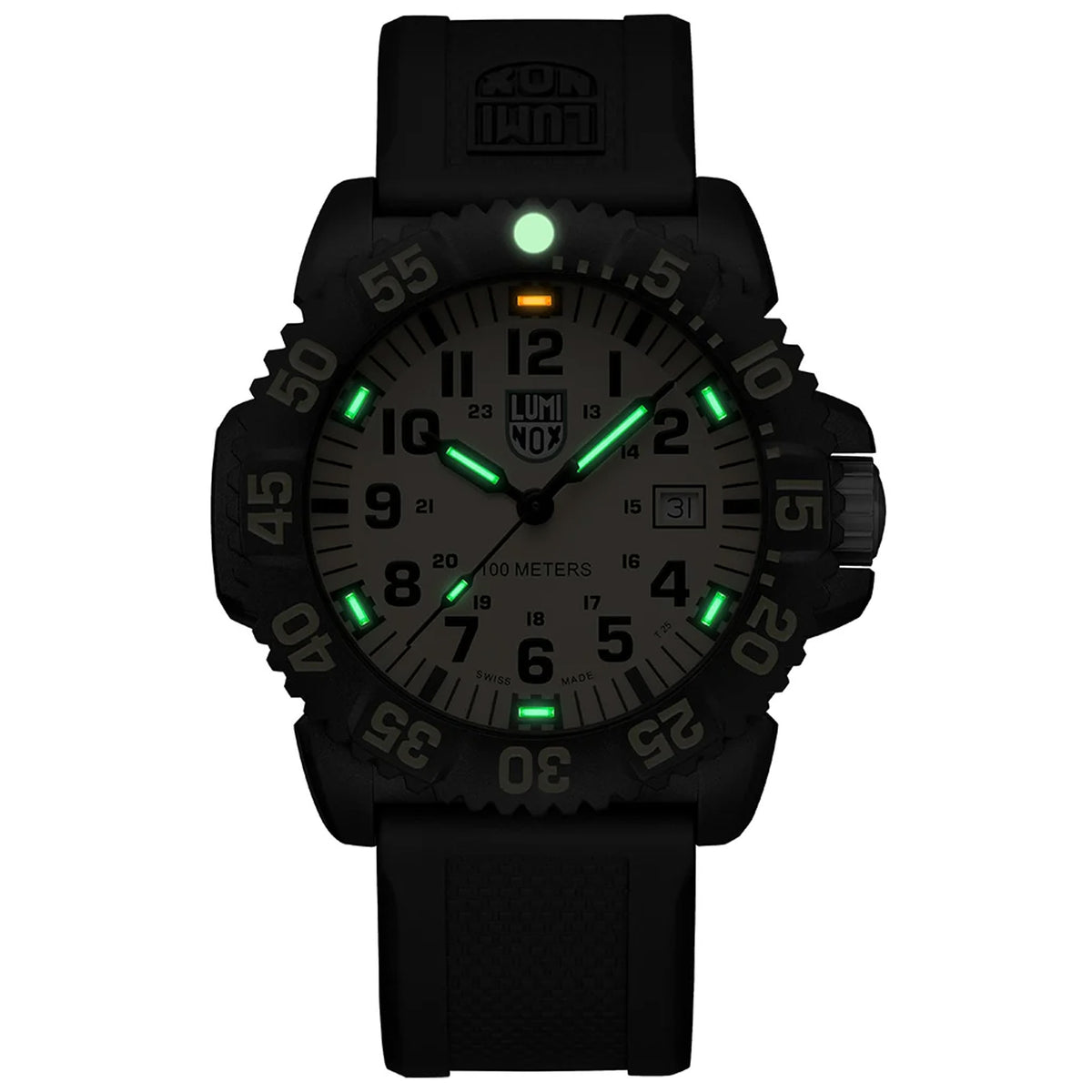 Luminox Sea Lion Men's 44mm Carbonox Quartz Watch X2.2055.1 glowing in the dark with Luminox Light Technology. The self-powered tritium tubes on the hands and hour markers of this Luminox G Collection watch glow constantly for up to 25 years.