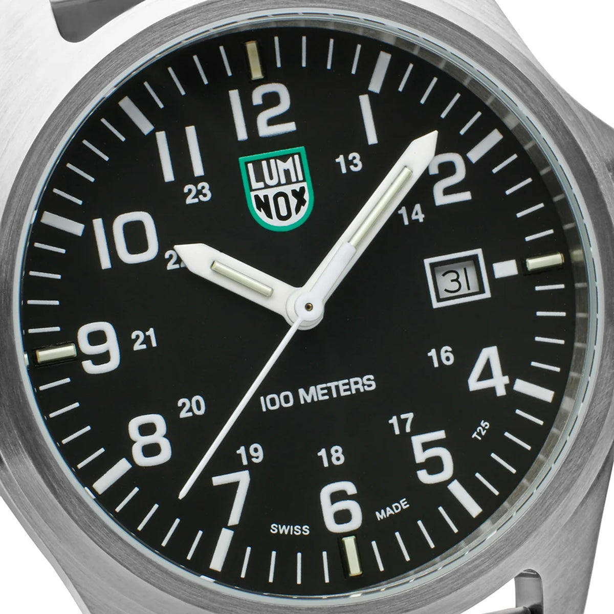 Three-quarter angle view of the Luminox Patagonia Steel Men's 43mm Quartz Watch X2.2501.M showing the case profile and crown. This Luminox G-Collection watch pairs a 316L stainless steel case with an easy-to-read black dial and date window.
