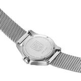 Back view of the Luminox Patagonia Steel Men's 43mm Quartz Watch X2.2501.M showing the screw-in stainless steel case back. This Luminox G-Collection watch is water resistant to 100m and comes on a stainless steel mesh bracelet.