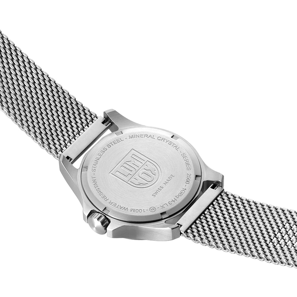 Back view of the Luminox Patagonia Steel Men's 43mm Quartz Watch X2.2501.M showing the screw-in stainless steel case back. This Luminox G-Collection watch is water resistant to 100m and comes on a stainless steel mesh bracelet.