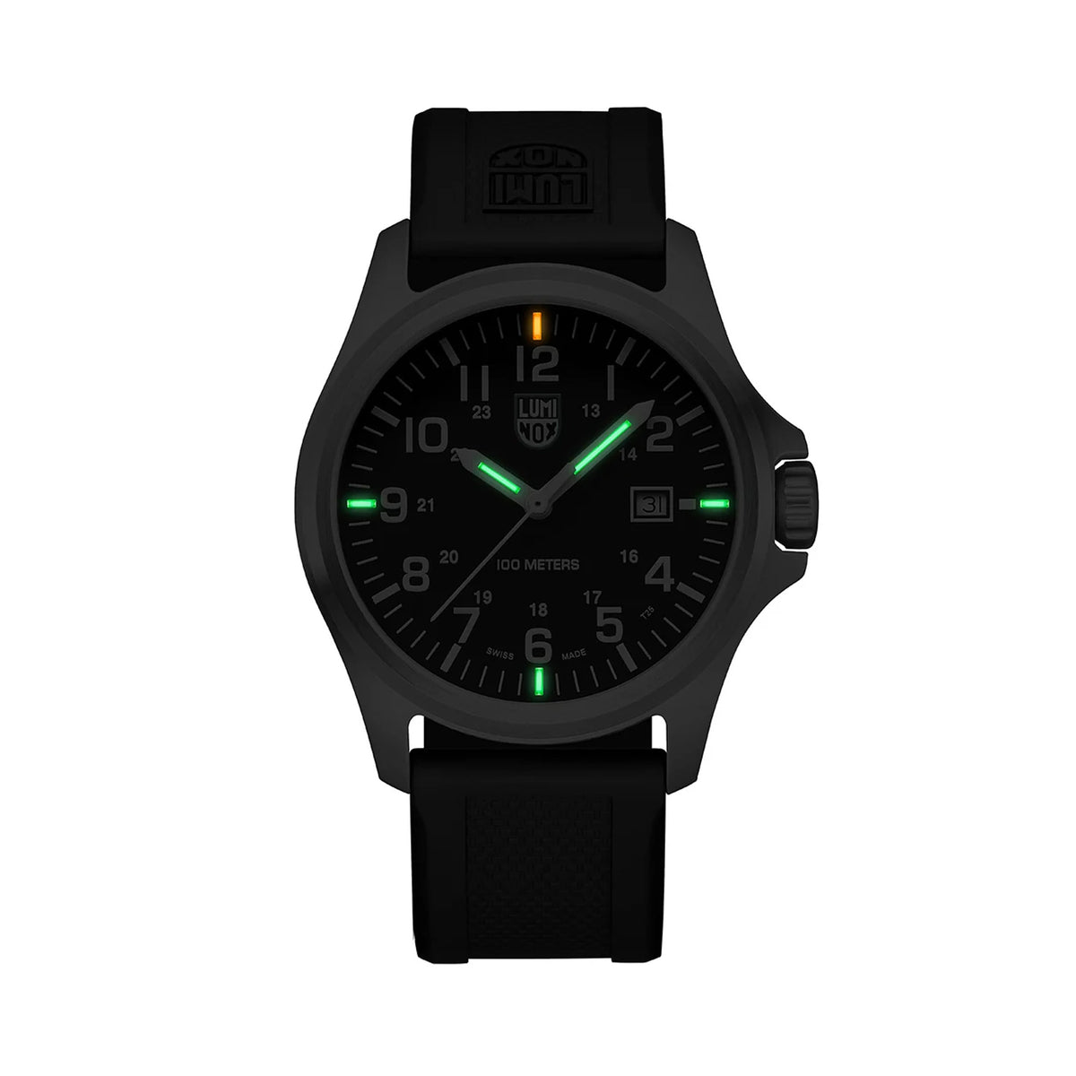 uminox Patagonia Steel Men's 43mm Quartz Watch X2.2501 glowing in the dark with Luminox Light Technology. The self-powered tritium tubes on the hands and markers of this Luminox G-Collection watch glow constantly for up to 25 years.