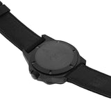 Back view of the Luminox F-117 Nighthawk Men's 44mm Quartz GMT Watch XA.6441 showing the stainless steel case back. This F-117 Nighthawk pilot's watch is water resistant to 200m and comes on a black Kevlar strap.