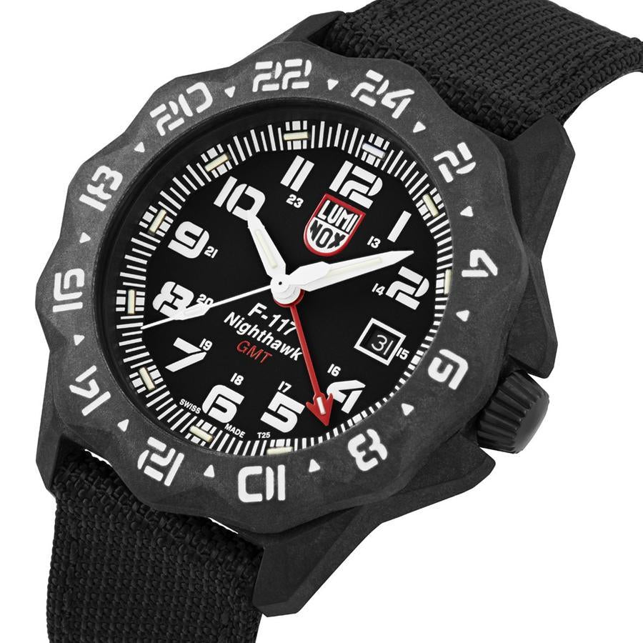 Three-quarter angle view of the Luminox F-117 Nighthawk Men's 44mm Quartz GMT Watch XA.6441 showing the case profile and crown. This F-117 Nighthawk pilot's watch pairs a lightweight black CARBONOX™+ case with a black dial under sapphire crystal.