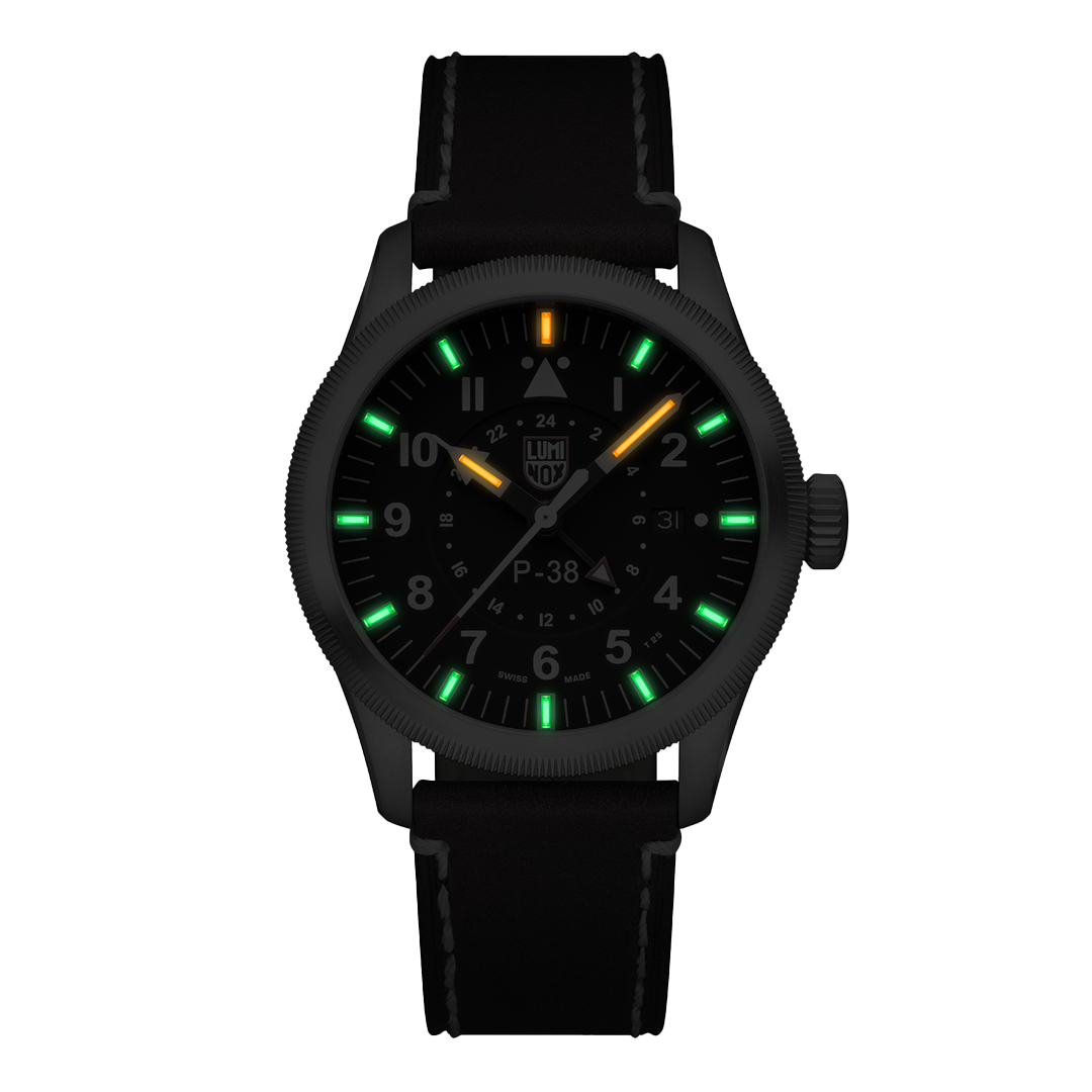 Luminox Air Pilot P-38 Lightning Men's 42mm Quartz GMT Watch XA.9521 glowing in the dark with Luminox Light Technology. The self-powered tritium tubes on the hands and markers of this P-38 Lightning pilot's watch glow constantly for up to 25 years.