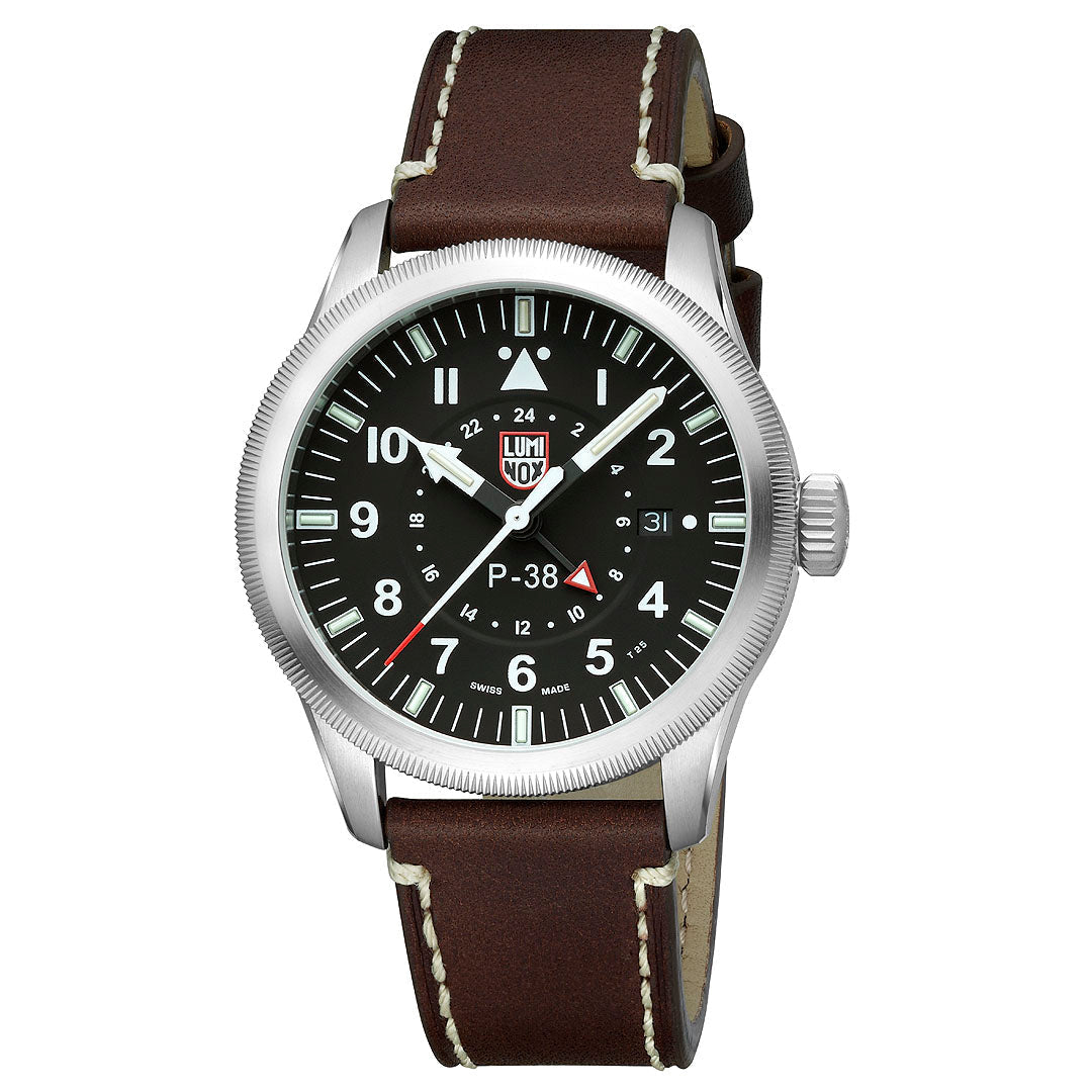 three-quarter angle view of the Luminox Air Pilot P-38 Lightning Men's 42mm Quartz GMT Watch XA.9521 showing the case profile and crown. This P-38 Lightning pilot's watch pairs a 316L stainless steel case with a black dial under sapphire crystal.