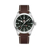 Front view of the Luminox Air Pilot P-38 Lightning Men's 42mm Quartz GMT Watch XA.9521 with a black dial, Arabic numerals and baton markers. This P-38 Lightning pilot's watch features a stainless steel case and a brown leather strap.