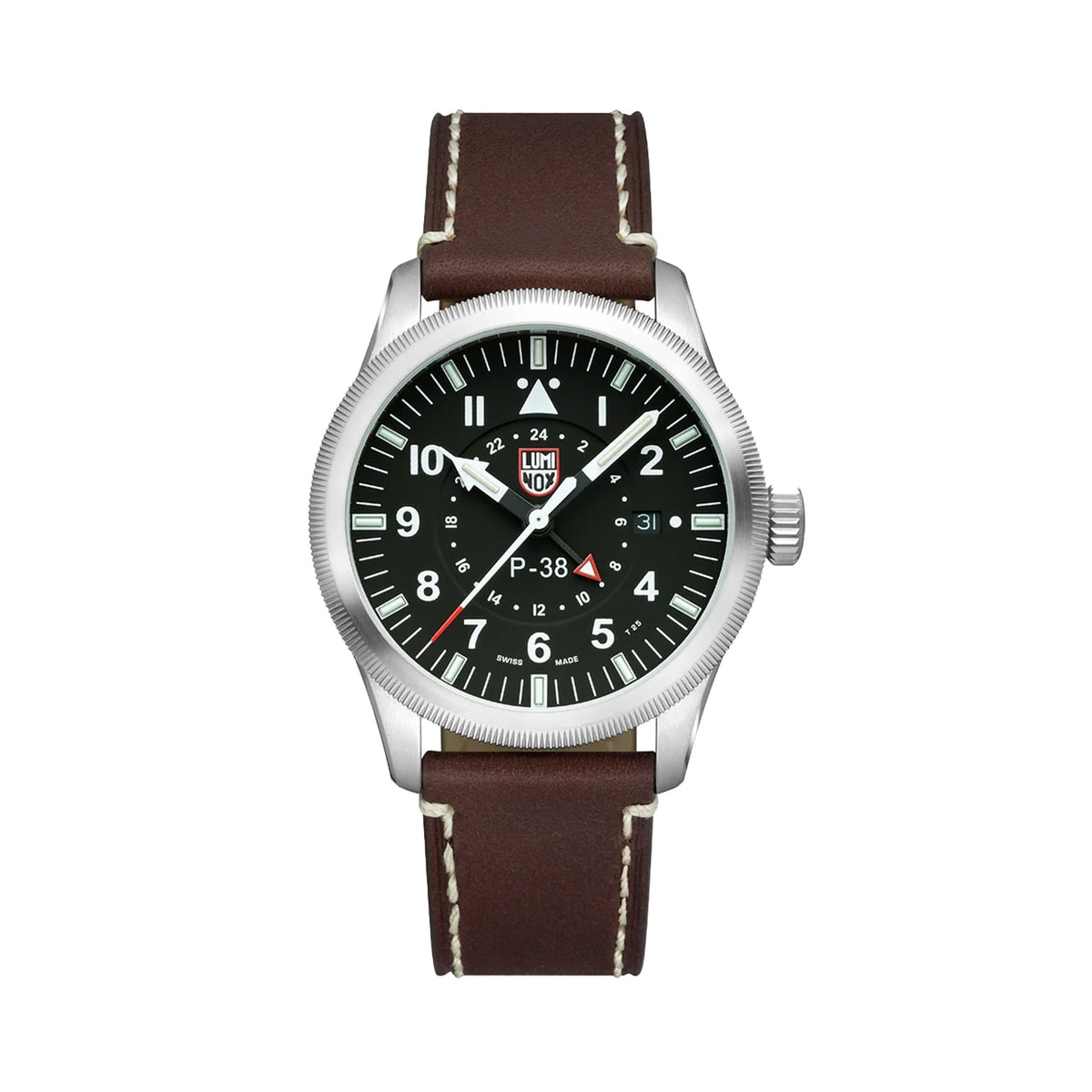 Front view of the Luminox Air Pilot P-38 Lightning Men's 42mm Quartz GMT Watch XA.9521 with a black dial, Arabic numerals and baton markers. This P-38 Lightning pilot's watch features a stainless steel case and a brown leather strap.