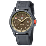 Three-quarter angle view of the Luminox Bear Grylls Survival Land Men's 43mm Quartz Watch XB.3716 showing the case profile and signature orange crown. This Bear Grylls Survival Land 3710 Series watch pairs a lightweight ALUMI-NOX aluminium case with a sand-coloured dial under sapphire crystal.