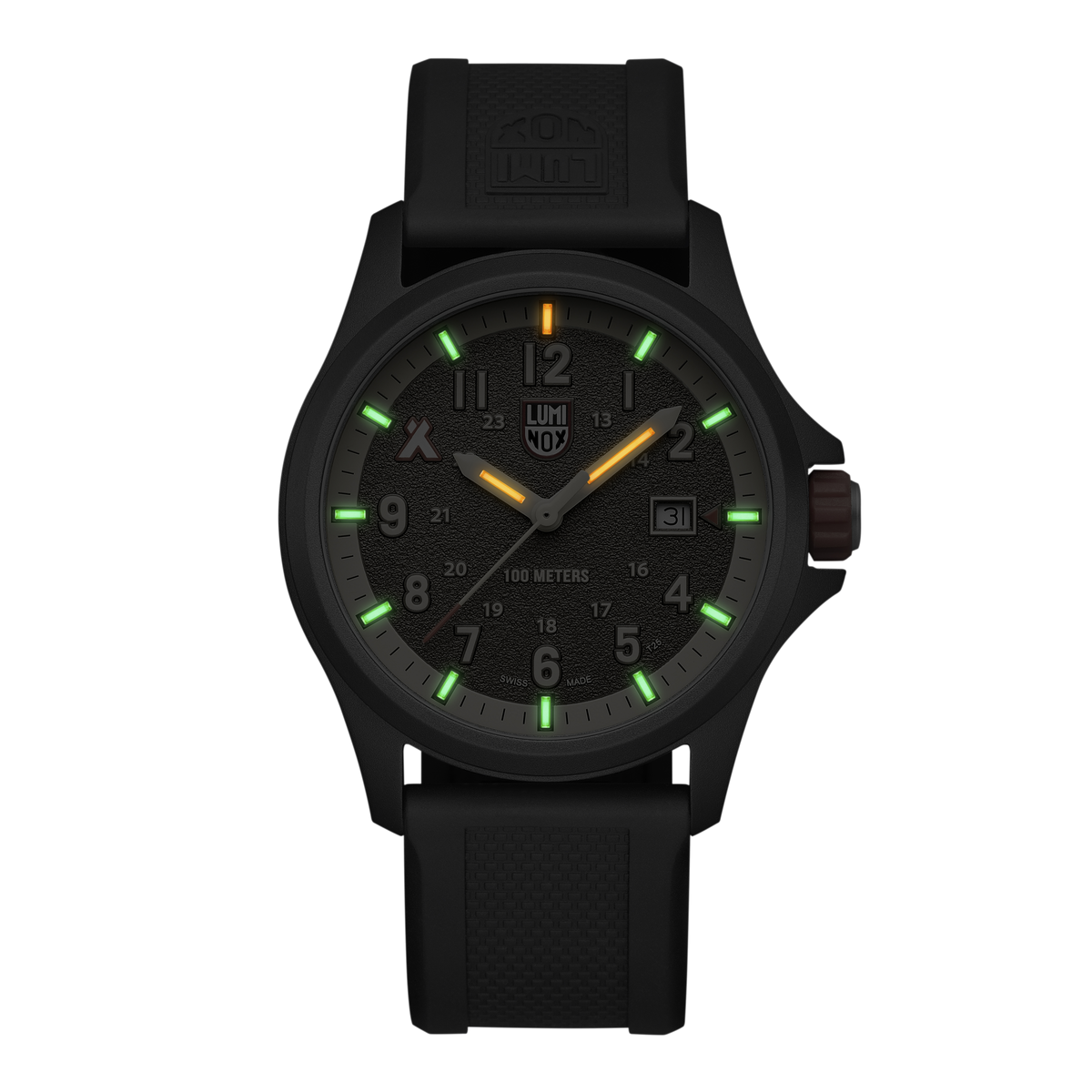 Luminox Bear Grylls Survival Land Men's 43mm Quartz Watch XB.3716 glowing in the dark with Luminox Light Technology. The 14 self-powered tritium tubes on this Bear Grylls Survival Land 3710 Series watch glow constantly for up to 25 years.