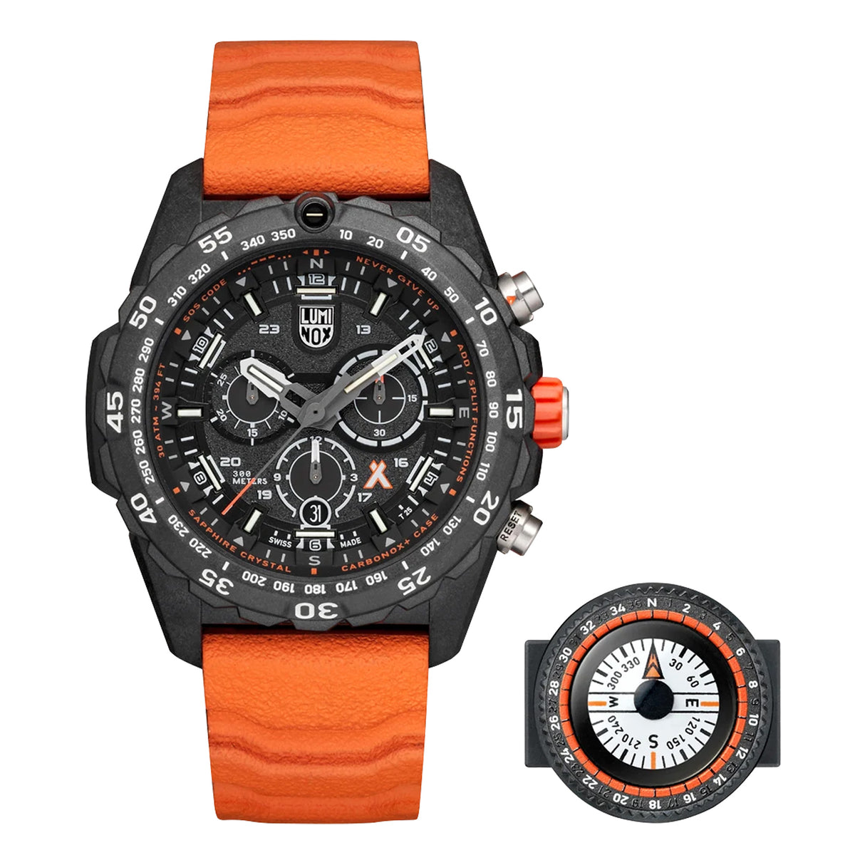 Three-quarter angle view of the Luminox Bear Grylls Survival Men's 45mm Quartz Chronograph Watch XB.3749 showing the crown and chronograph pushers. This Bear Grylls Survival Master Series watch pairs a lightweight black CARBONOX™ case with a black dial under sapphire crystal.