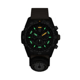 Luminox Bear Grylls Survival Men's 45mm Quartz Chronograph Watch XB.3749 glowing in the dark with Luminox Light Technology. The self-powered tritium tubes on the hands and markers of this Bear Grylls Survival Master Series watch glow constantly for up to 25 years.