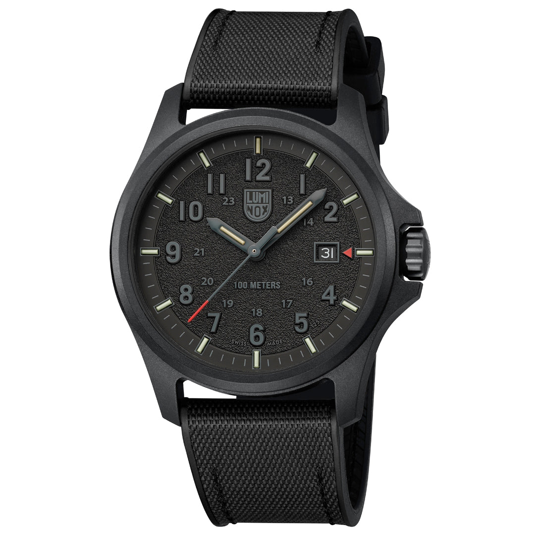 Three-quarter angle view of the Luminox Atacama Field Men's 43mm Quartz Watch XL.1961 showing the case profile and protected crown. This Atacama Field watch pairs a lightweight black CARBONOX™ case with a textured black dial under anti-reflective sapphire crystal.
