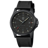 Three-quarter angle view of the Luminox Atacama Field Men's 43mm Quartz Watch XL.1961 showing the case profile and protected crown. This Atacama Field watch pairs a lightweight black CARBONOX™ case with a textured black dial under anti-reflective sapphire crystal.