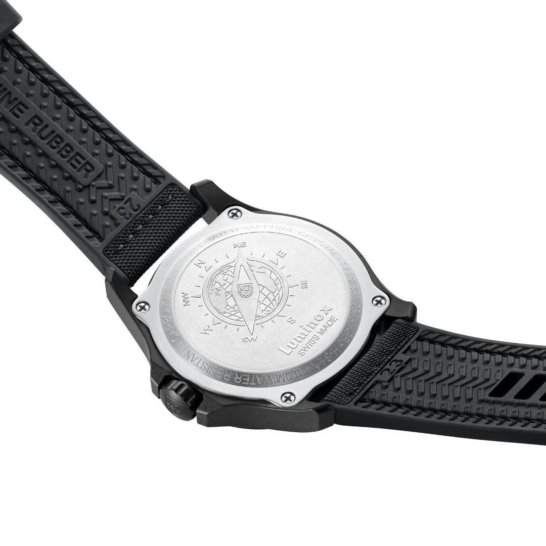 Back view of the Luminox Atacama Field Men's 43mm Quartz Watch XL.1961 showing the black IP stainless steel case back. This Atacama Field watch is water resistant to 100m and comes on a black rubber strap with a textile top.