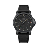 Front view of the Luminox Atacama Field Men's 43mm Quartz Watch XL.1961 with a textured black blackout dial and 12 and 24-hour numerals. This Atacama Field watch features a black CARBONOX™ case and a black rubber strap with a textile top.