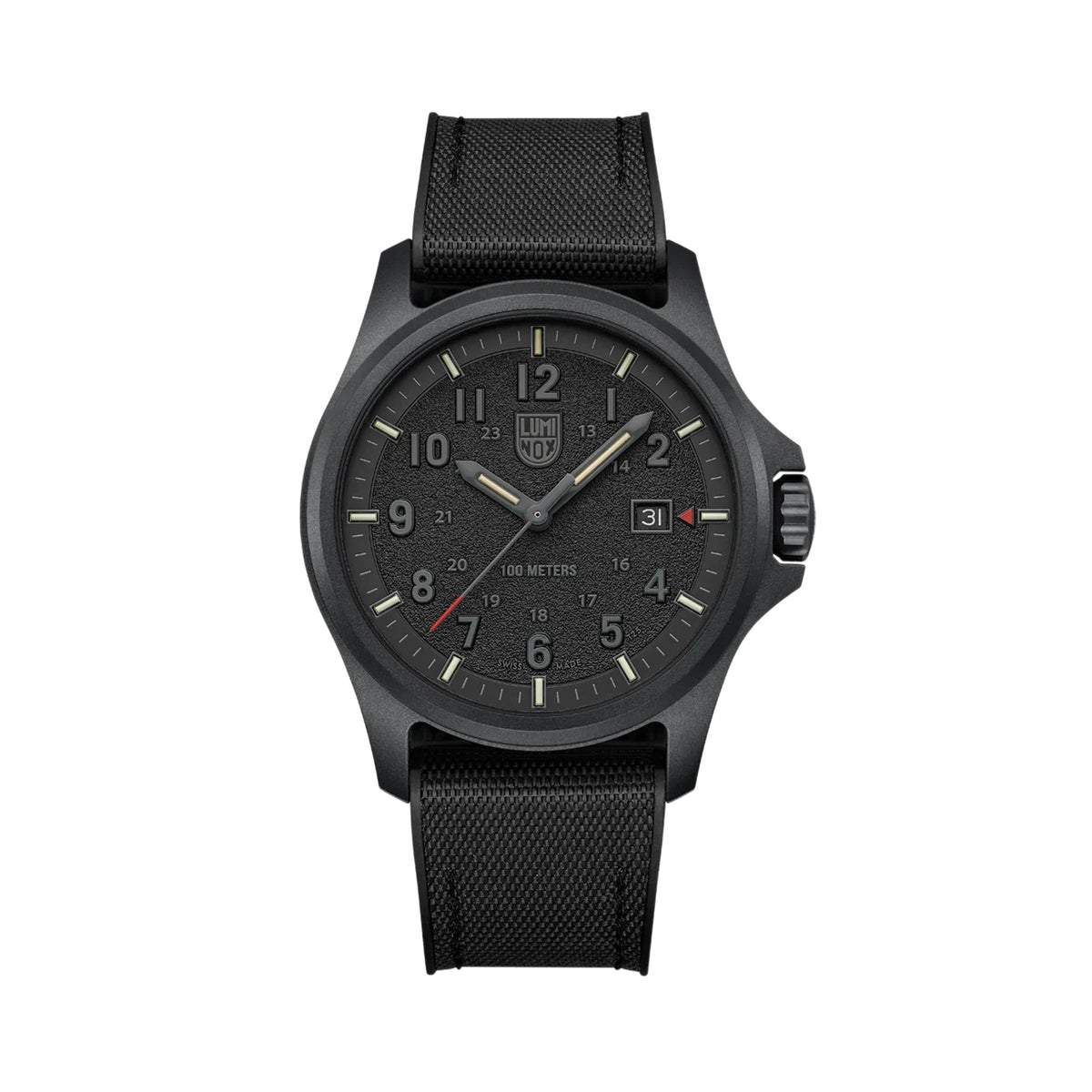 Front view of the Luminox Atacama Field Men's 43mm Quartz Watch XL.1961 with a textured black blackout dial and 12 and 24-hour numerals. This Atacama Field watch features a black CARBONOX™ case and a black rubber strap with a textile top.