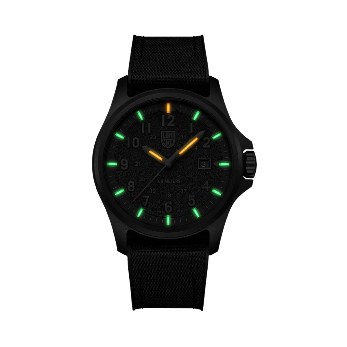 Luminox Atacama Field Men's 43mm Quartz Watch XL.1971.SET glowing in the dark with Luminox Light Technology. The self-powered tritium tubes on the hands and markers of this Atacama Field watch glow constantly for up to 25 years