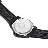 Back view of the Luminox Atacama Field Men's 43mm Quartz Watch XL.1971.SET showing the stainless steel case back. This Atacama Field watch is water resistant to 100m and comes as a set with a black rubber strap and a dark green NATO strap.