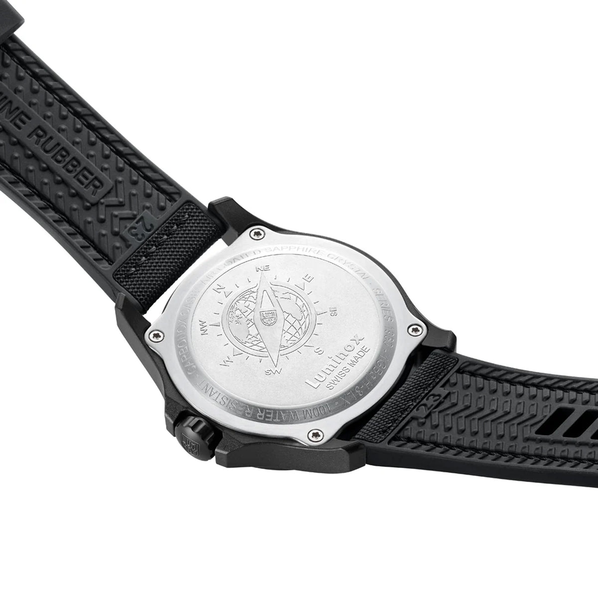 Back view of the Luminox Atacama Field Men's 43mm Quartz Watch XL.1971.SET showing the stainless steel case back. This Atacama Field watch is water resistant to 100m and comes as a set with a black rubber strap and a dark green NATO strap.