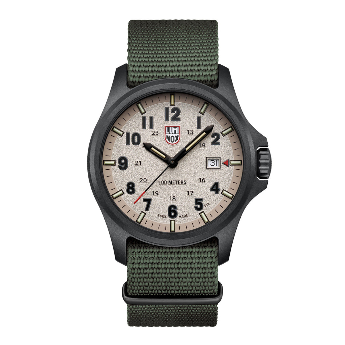 Three-quarter angle view of the Luminox Atacama Field Men's 43mm Quartz Watch XL.1971.SET showing the case profile and crown. This Atacama Field watch pairs a lightweight black CARBONOX™ case with a warm grey dial under anti-reflective sapphire crystal.