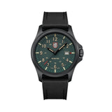 Front view of the Luminox Atacama Field Men's 43mm Quartz Watch XL.1961 with a textured black blackout dial and 12 and 24-hour numerals. This Atacama Field watch features a black CARBONOX™ case and a black rubber strap with a textile top.