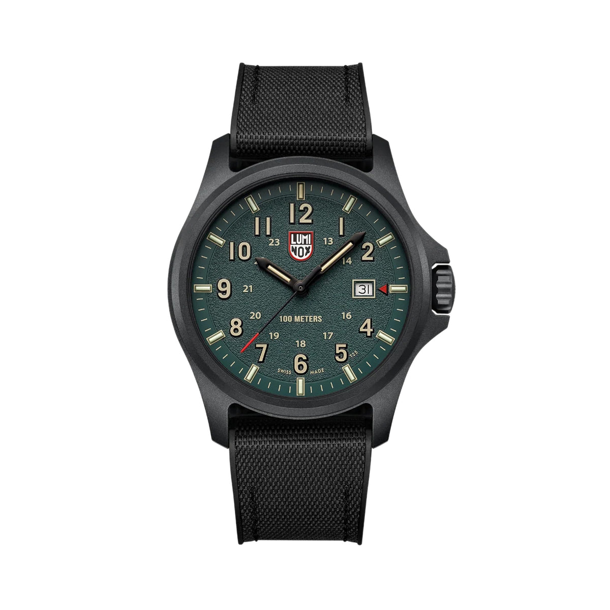 Front view of the Luminox Atacama Field Men's 43mm Quartz Watch XL.1961 with a textured black blackout dial and 12 and 24-hour numerals. This Atacama Field watch features a black CARBONOX™ case and a black rubber strap with a textile top.